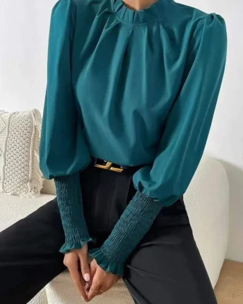 Bluza dama eleganta din voal turcoaz, cu maneca lunga, Fabia