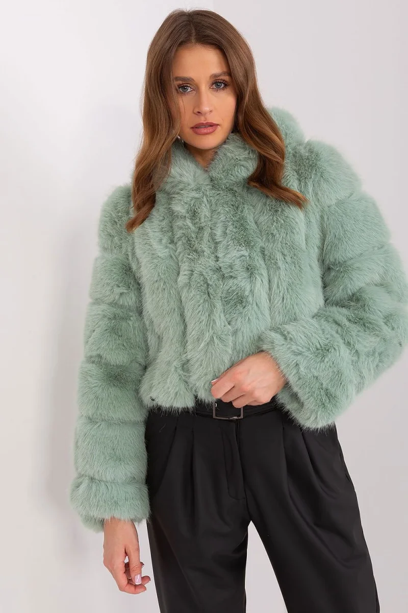 Geaca dama scurta, din blana eco, menta, cu gluga, Lubelle10