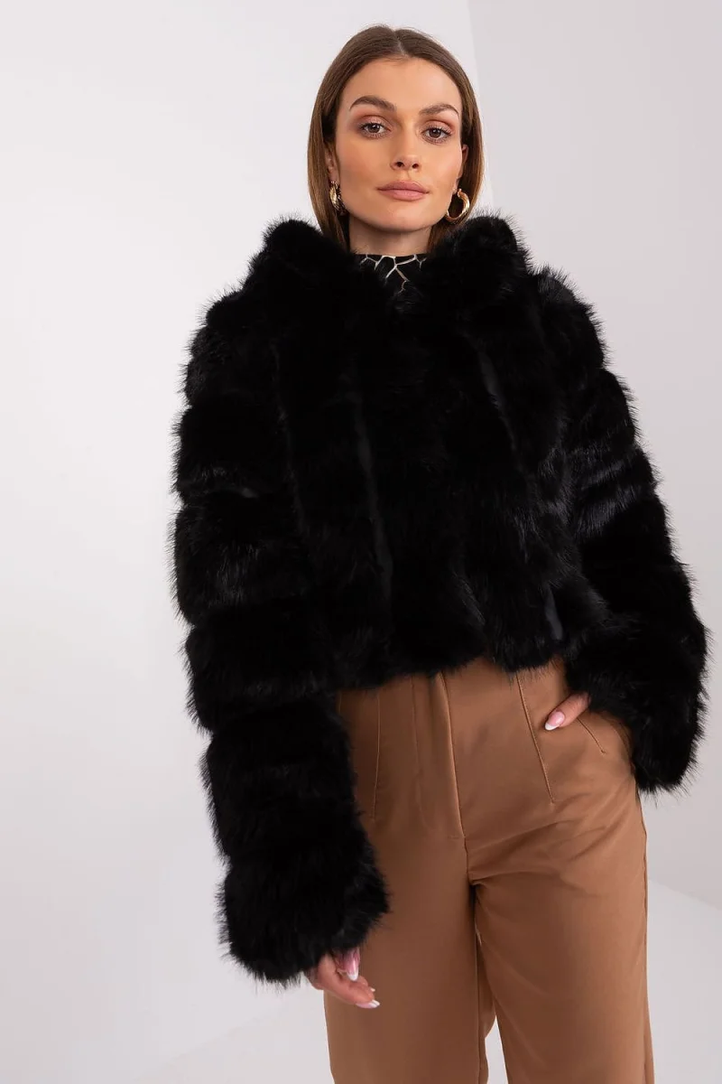 Geaca dama scurta, din blana eco, neagra, cu gluga, Lubelle