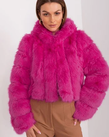 Geaca dama scurta, din blana eco, roz fucsia, cu gluga, Lubelle2