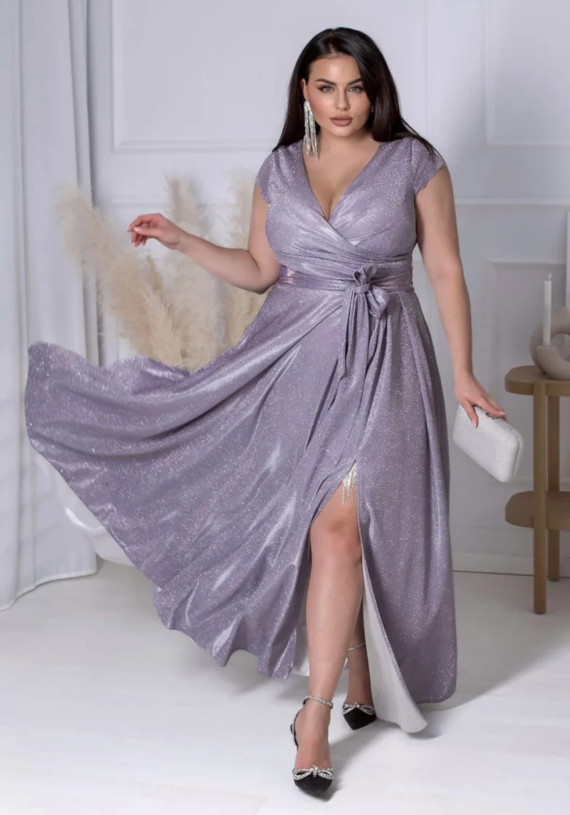 Rochie eleganta in marimi mari, lunga, din bumbac cu glitter, violet, crapata pe picior,  AmandaW