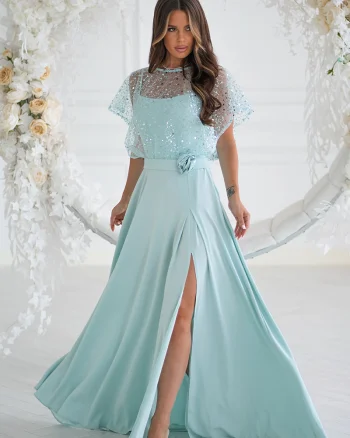 Rochie eleganta lunga menta cu paiete vaporoasa Azaliya