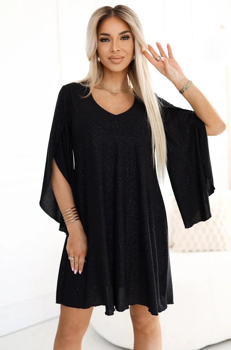 Rochie eleganta midi neagra cu glitter si maneca lunga A-line LiviaN