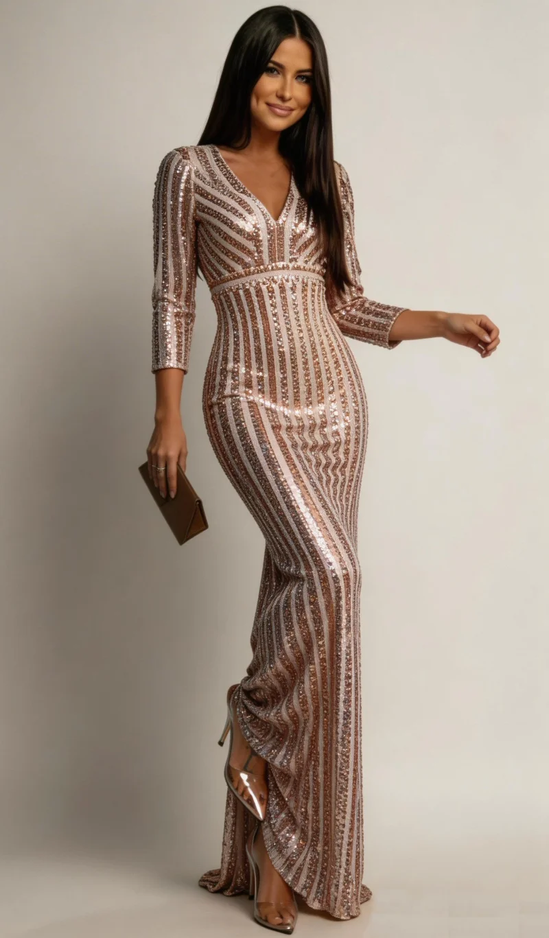Rochie lunga mulata aurie din paiete Sophie