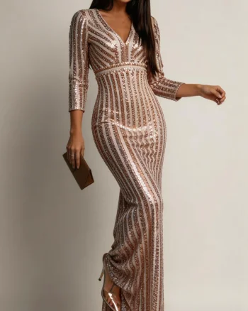 Rochie lunga mulata aurie din paiete Sophie