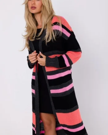 Cardigan dama midi, din acryl, negru cu dungi corai, Fatime