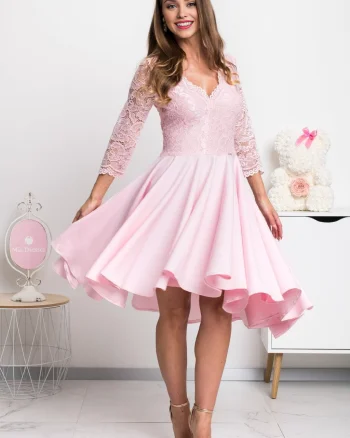Rochie de ocazie midi, dantela, roz, cu maneca lunga, asimetrica, Anastasia