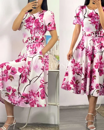Rochie de vara alba cu flori roz in clos Adelaide