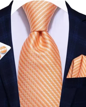 Cravata portocaliu (orange) cu alb + batista + butoni - matase -- model 891