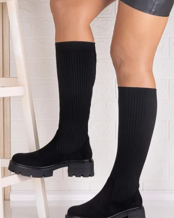 Cizme Dama Negre din Piele Ecol Intoarsa /Textil eladtic Temaria