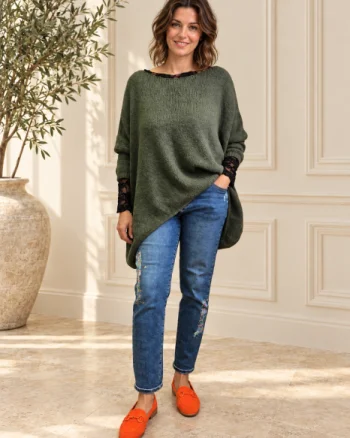 Pulover asimetric, oversize cu maneca cazuta, kaki