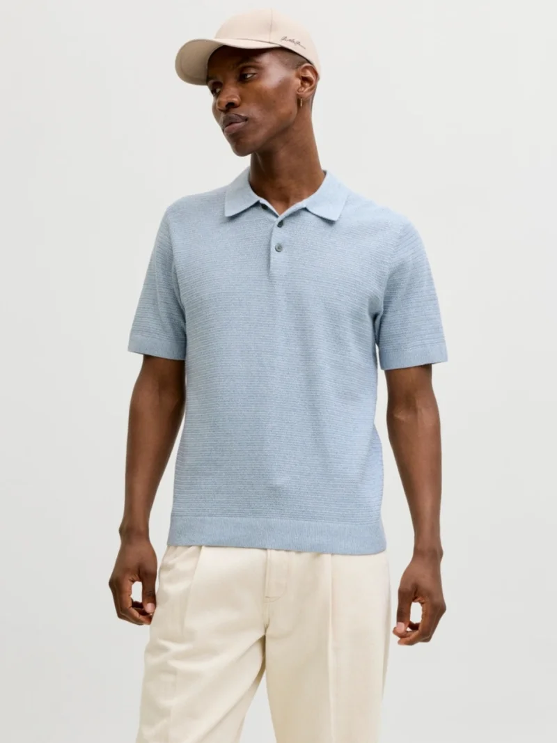 Jack & Jones, Tricou polo barbati cu aspect tricotat, Regular fit, Albastru pastel (SELECTATI MARIMEA: XL)