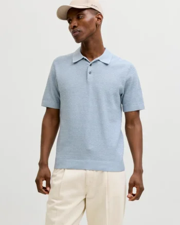 Jack & Jones, Tricou polo barbati cu aspect tricotat, Regular fit, Albastru pastel (SELECTATI MARIMEA: XL)