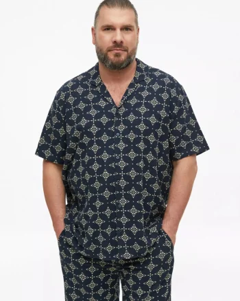s.Oliver Big Sizes Camasa barbati big sizes, din bumbac, cu imprimeu, Resort fit, Bleumarin inchis (SELECTATI MARIMEA: 5XL)