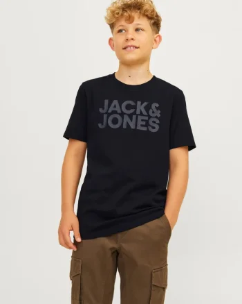 Jack & Jones Tricou baieti, din bumbac organic, Regular fit la baza gatului, JJECORP, Negru (SELECTATI MARIMEA: 140 cm)