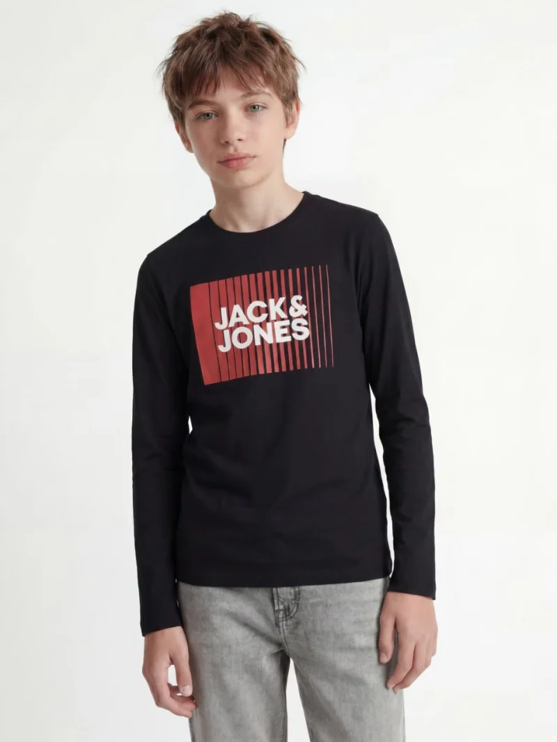 Jack & Jones Tricou baieti la baza gatului, cu maneca lunga, din bumbac organic, Regular fit, Negru (SELECTATI MARIMEA: 152 cm)
