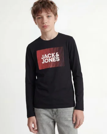 Jack & Jones Tricou baieti la baza gatului, cu maneca lunga, din bumbac organic, Regular fit, Negru (SELECTATI MARIMEA: 152 cm)