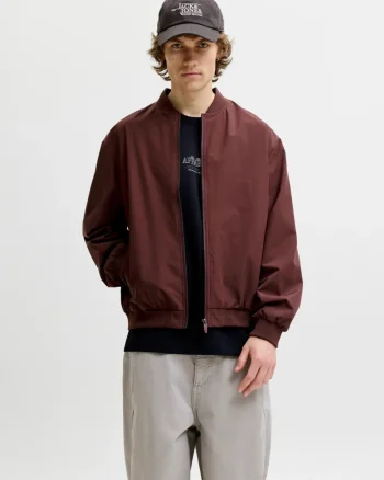 Jack & Jones, Jacheta bomber, barbati, cu buzunare oblice fara fermoar, Visiniu (SELECTATI MARIMEA: M)