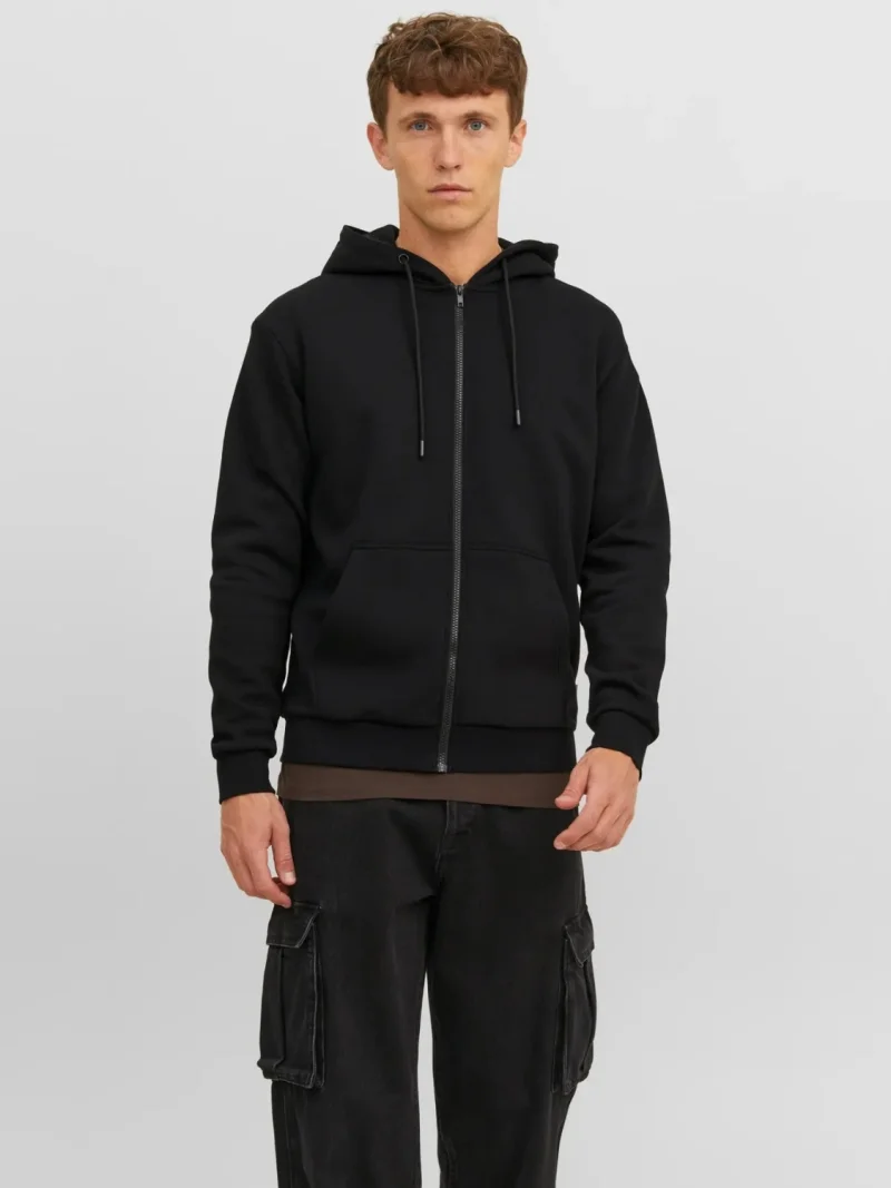 Jack & Jones Hanorac barbati, cu fermoar si gluga, Regular fit, JJEBRADLEY, Negru (SELECTATI MARIMEA: XS)