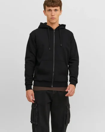 Jack & Jones Hanorac barbati, cu fermoar si gluga, Regular fit, JJEBRADLEY, Negru (SELECTATI MARIMEA: XS)