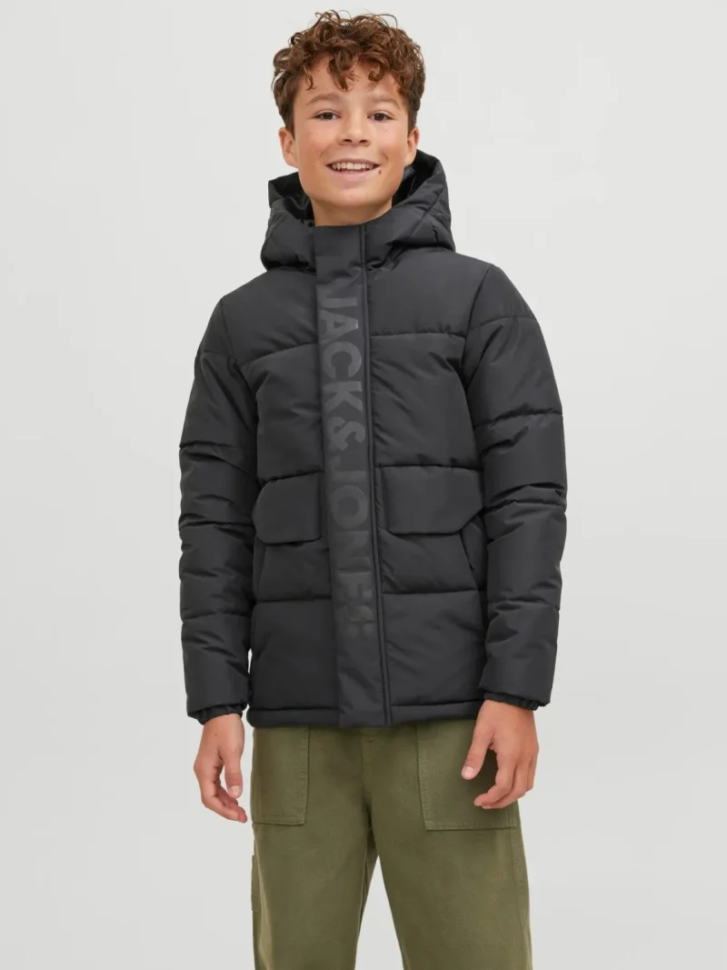 Jack & Jones Geaca PUFFER baieti, cu dubla inchidere, gluga si imprimeu cu logo, JCOSPEED, Negru (SELECTATI MARIMEA: 164 cm)