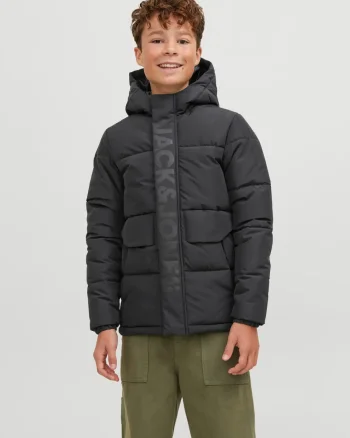 Jack & Jones Geaca PUFFER baieti, cu dubla inchidere, gluga si imprimeu cu logo, JCOSPEED, Negru (SELECTATI MARIMEA: 164 cm)