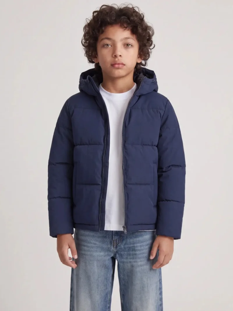 Jack & Jones Geaca baieti, PUFFER, cu gluga, Regular fit, JJGALAXY, Bleumarin inchis (SELECTATI MARIMEA: 140 cm)