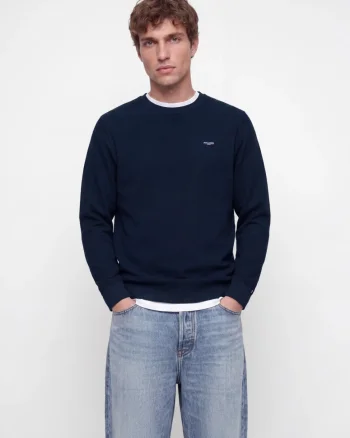 Jack & Jones Pulover barbati din bumbac organic, decolteu la baza gatului, Regular Fit, JPRBLUALVES, Bleumarin inchis (SELECTATI MARIMEA: S)