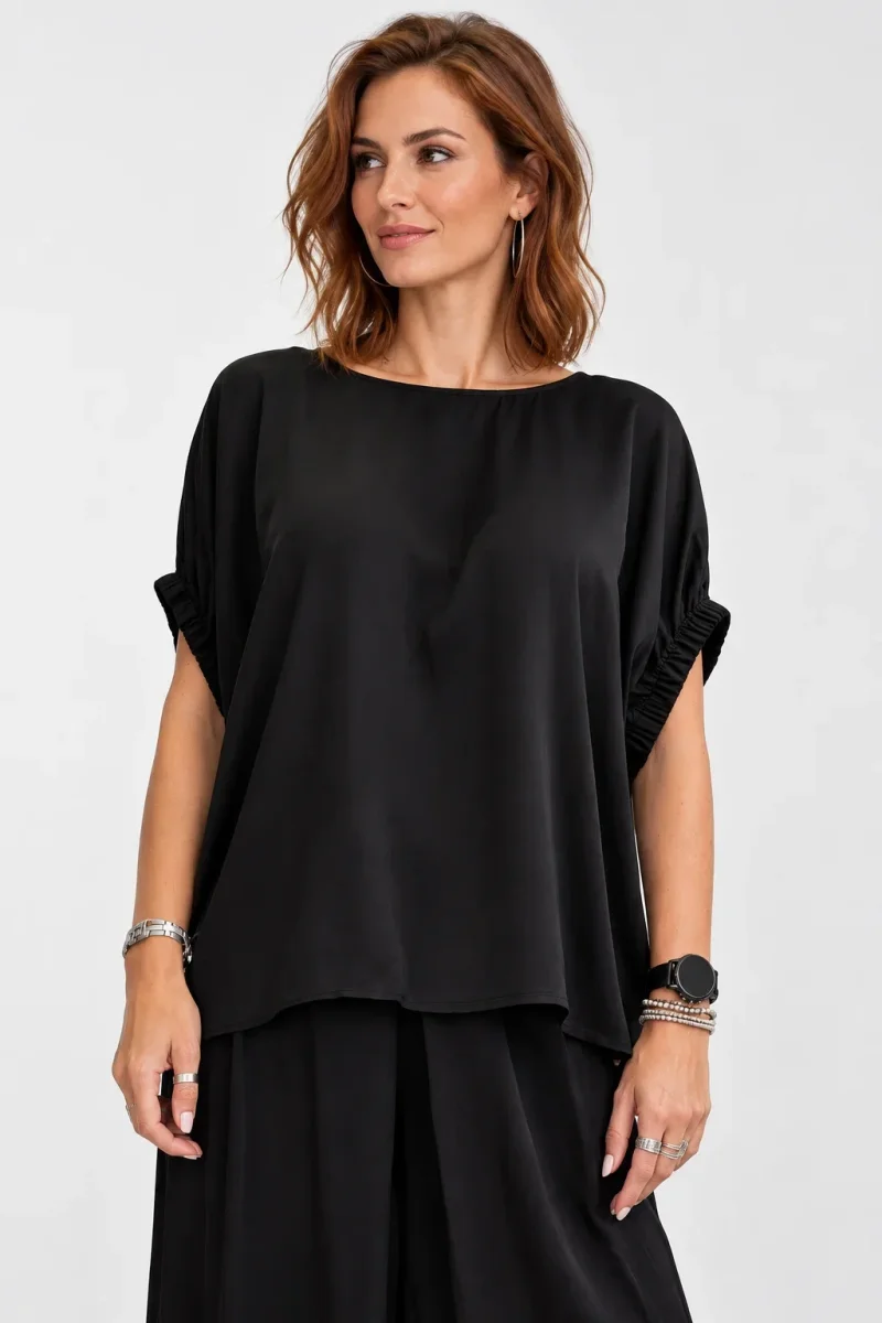 Bluza eleganta din satin de matase si vascoza cu maneci drapate, negru