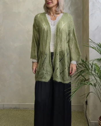Cardigan lung din Kid Mohair cu tricot ajurat si cordon, verde olive