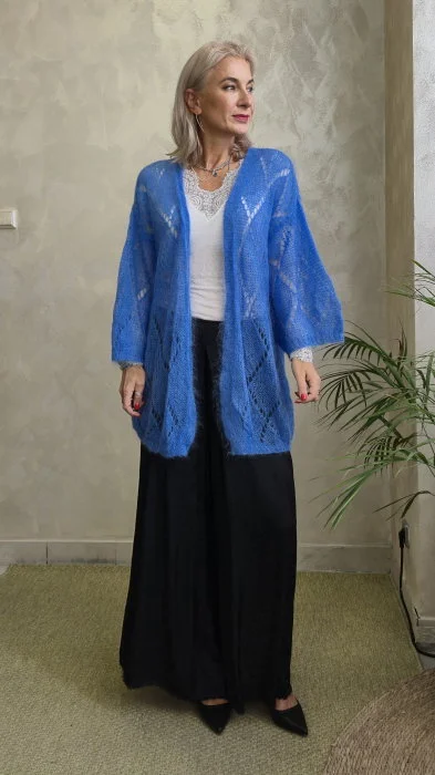 Cardigan lung din Kid Mohair cu tricot ajurat si cordon, albastru