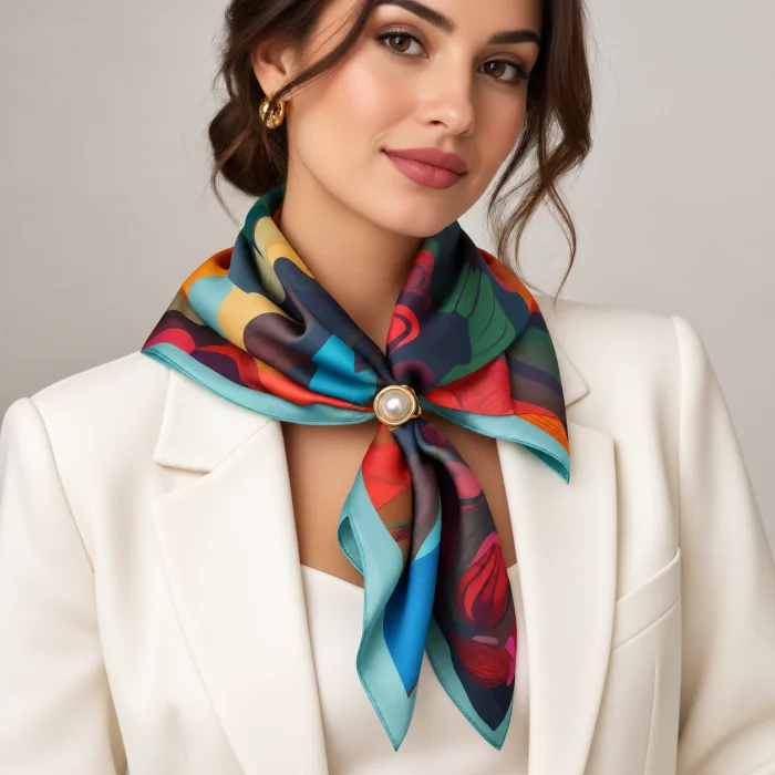 Esarfa satinata patrata cu imprimeu floral colorat - usor asoratabila cu inel inclus
