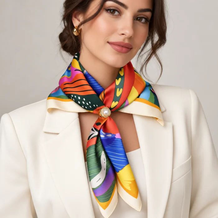 Esarfa satinata patrata cu imprimeu vegetal multicolor - usor asoratabila cu inel inclus