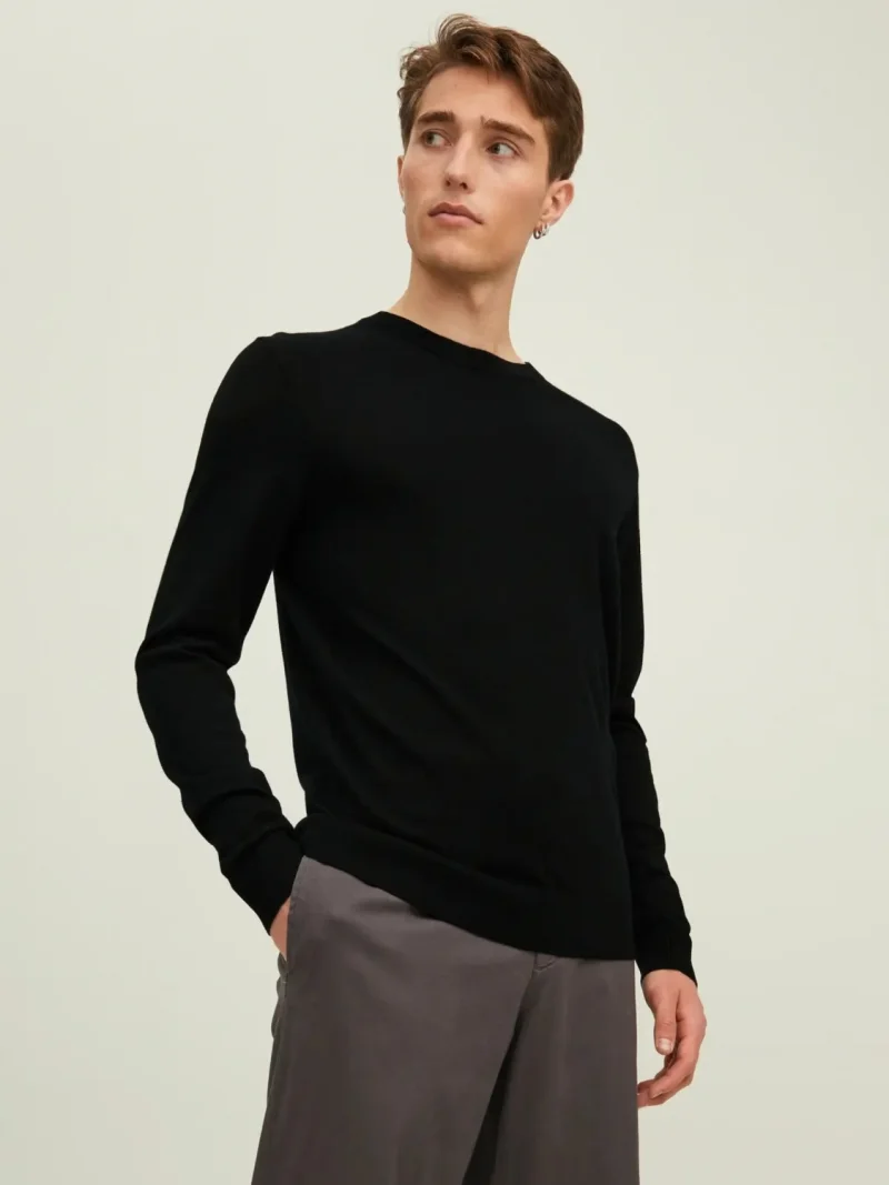 Jack & Jones Pulover simplu tricotat barbati, din lana merinos, decolteu la baza gatului, JPRMERINO, Negru (SELECTATI MARIMEA: M)
