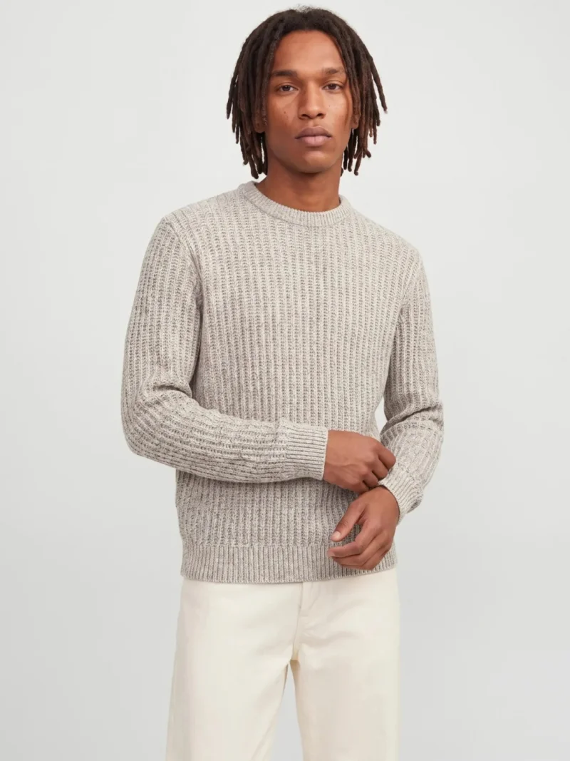Jack & Jones Pulover tricotat, barbati, in doua noante cu decolteu la baza gatului, Regular fit, JJJAXON, Bej melanj (SELECTATI MARIMEA: XS)