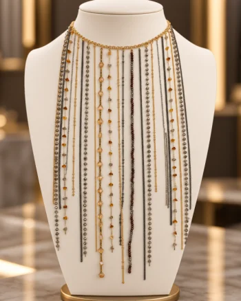 Colier statement cu lanturi si siraguri decorative cu lungimi asimetrice