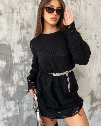 Pulover de dama tricotat Laura, cu decupaje si perforatii in material, Negru, Marime universala S/M/L