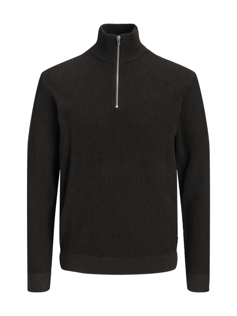 Jack & Jones Pulover barbati cu fermoar la baza gatului, din bumbac organic, JPRBLUSTANLEY, Maro inchis (SELECTATI MARIMEA: S)