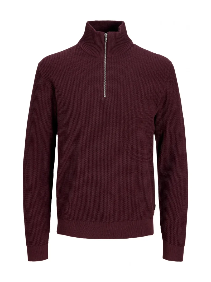 Jack & Jones Pulover barbati cu fermoar la baza gatului, din bumbac organic, JPRBLUSTANLEY, Bordeaux (SELECTATI MARIMEA: XS)