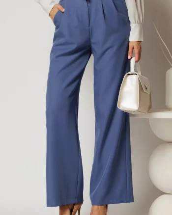 Pantaloni DY Fashion albastri cu croi larg si pliuri din talie