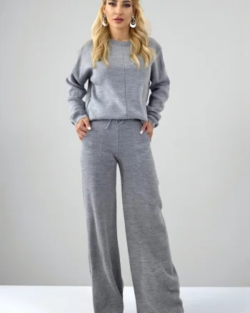 Compleu casual cu lana ELETRA, bluza asimetrica si cristale laterale, GRI, Marime M/L