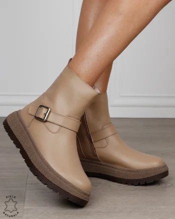 Ghete damă din piele naturală cu talpă înaltă și cataramă CRL1890 KHAKI
