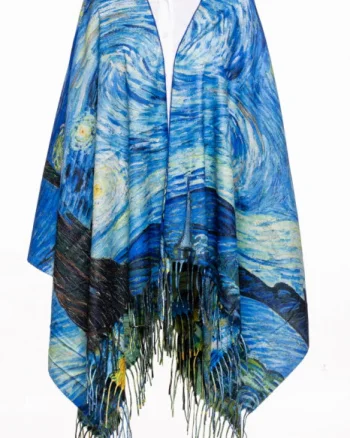 Esarfa poncho din casmir cu dubla fata, cu model inspirat  dupa   Noaptea Instelata   a lui Van Gogh