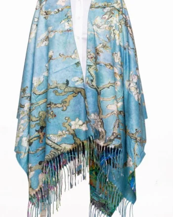 Esarfa poncho din casmir cu dubla fata, cu model inspirat  dupa    Migdal Inflorind   de Van Gogh