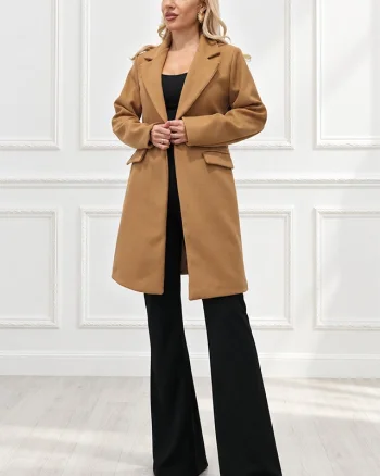 Jacheta lunga dama SORVELIA, cu revere si inchidere cu un nasture, Bej camel, Marime One size S/M/L