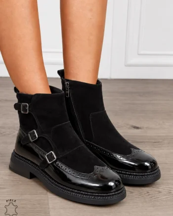 Ghete damă din piele naturală cu trei catarame decorative CRL1855 NEGRU