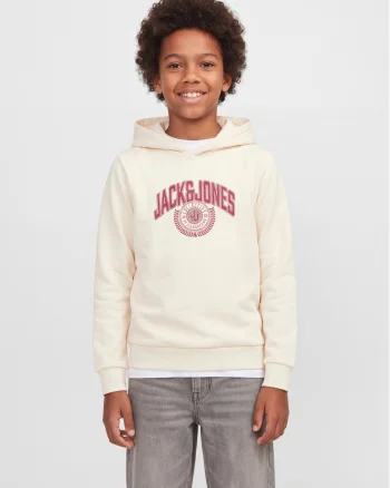 Jack & Jones Hanorac baieti, Regular Fit, fara buzunare, cu imprimeu cu logo, JJCOLLEGEY, Crem (SELECTATI MARIMEA: 140 cm)