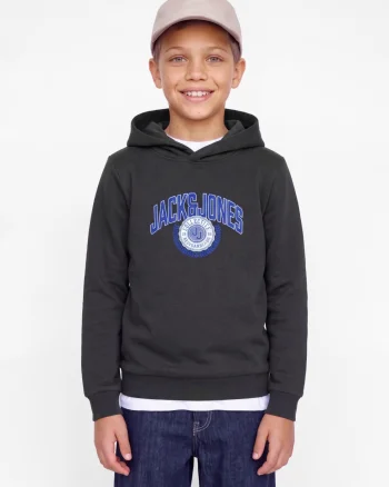 Jack & Jones Hanorac baieti, Regular Fit, fara buzunare, cu imprimeu cu logo, JJCOLLEGEY, Gri inchis (SELECTATI MARIMEA: 140 cm)