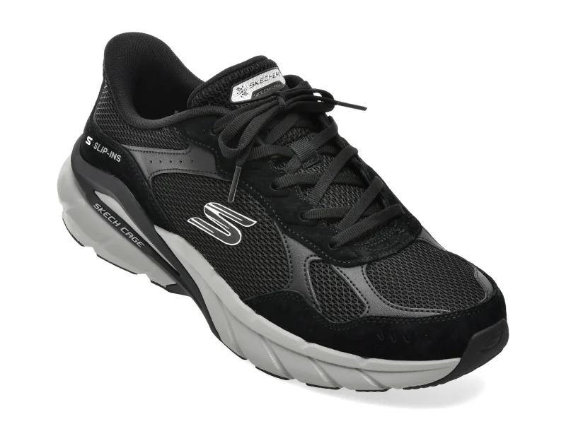 Pantofi sport SKECHERS negri, SKECH CAGE, din material textil si piele naturala