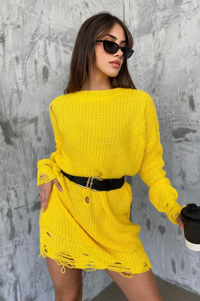 Pulover lung tricotat Laura, cu decupaje in material, Galben, Marime universala S/M/L